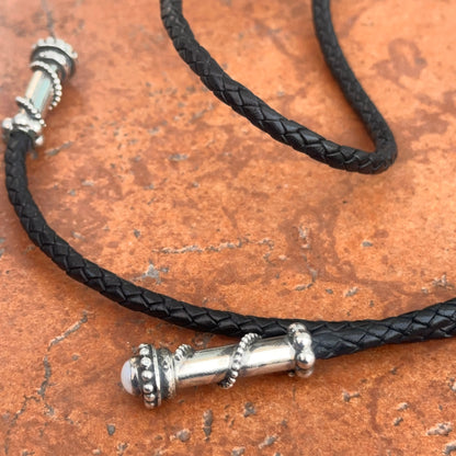 Estate Sterling Silver Large Kingman Turquoise + Pearl Black Leather Bolo Tie Necklace