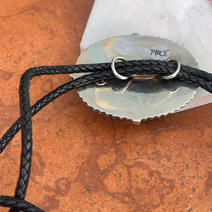 Estate Sterling Silver Large Kingman Turquoise + Pearl Black Leather Bolo Tie Necklace