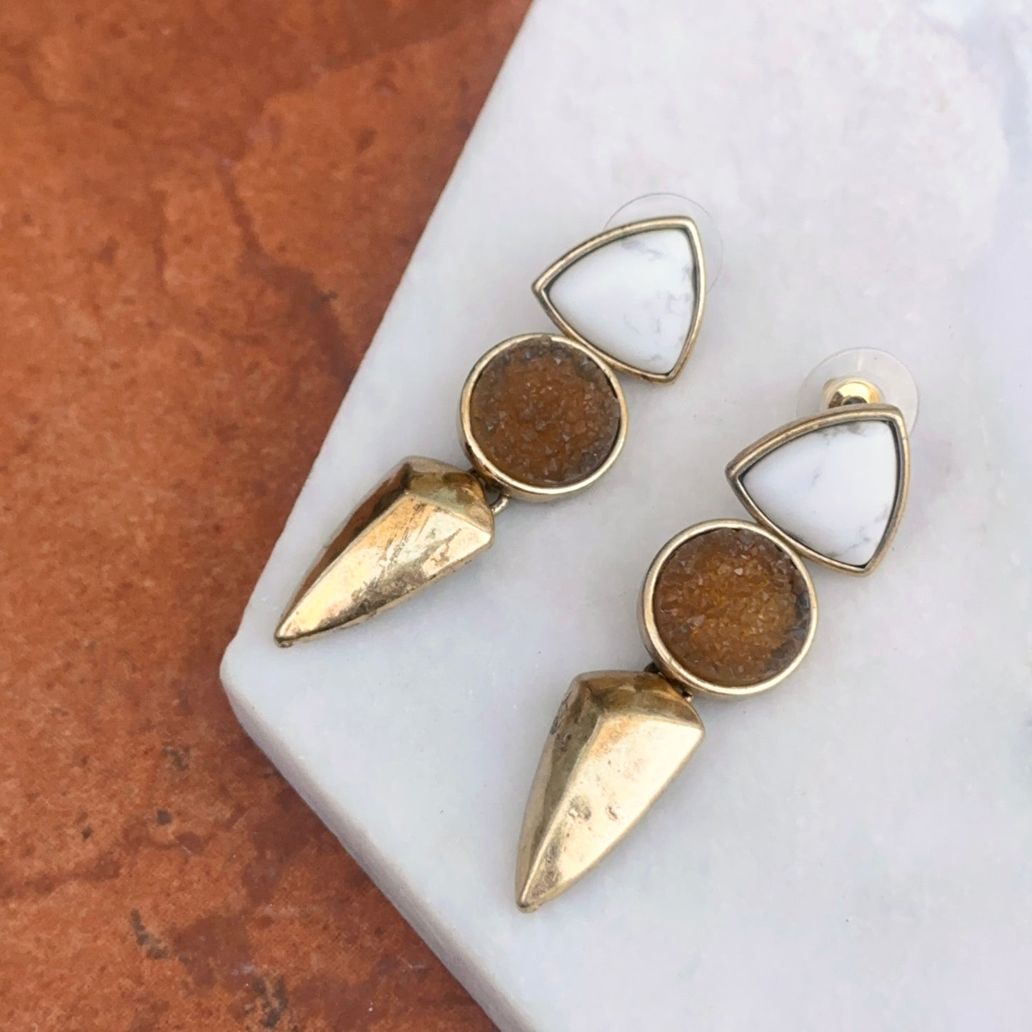 Estate Gold-Tone White Marble + Geode Dangle Earrings
