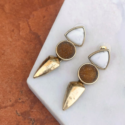 Estate Gold-Tone White Marble + Geode Dangle Earrings