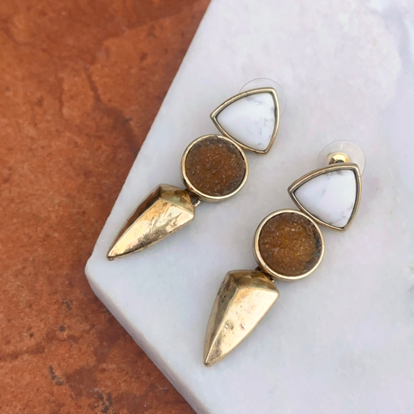 Estate Gold-Tone White Marble + Geode Dangle Earrings