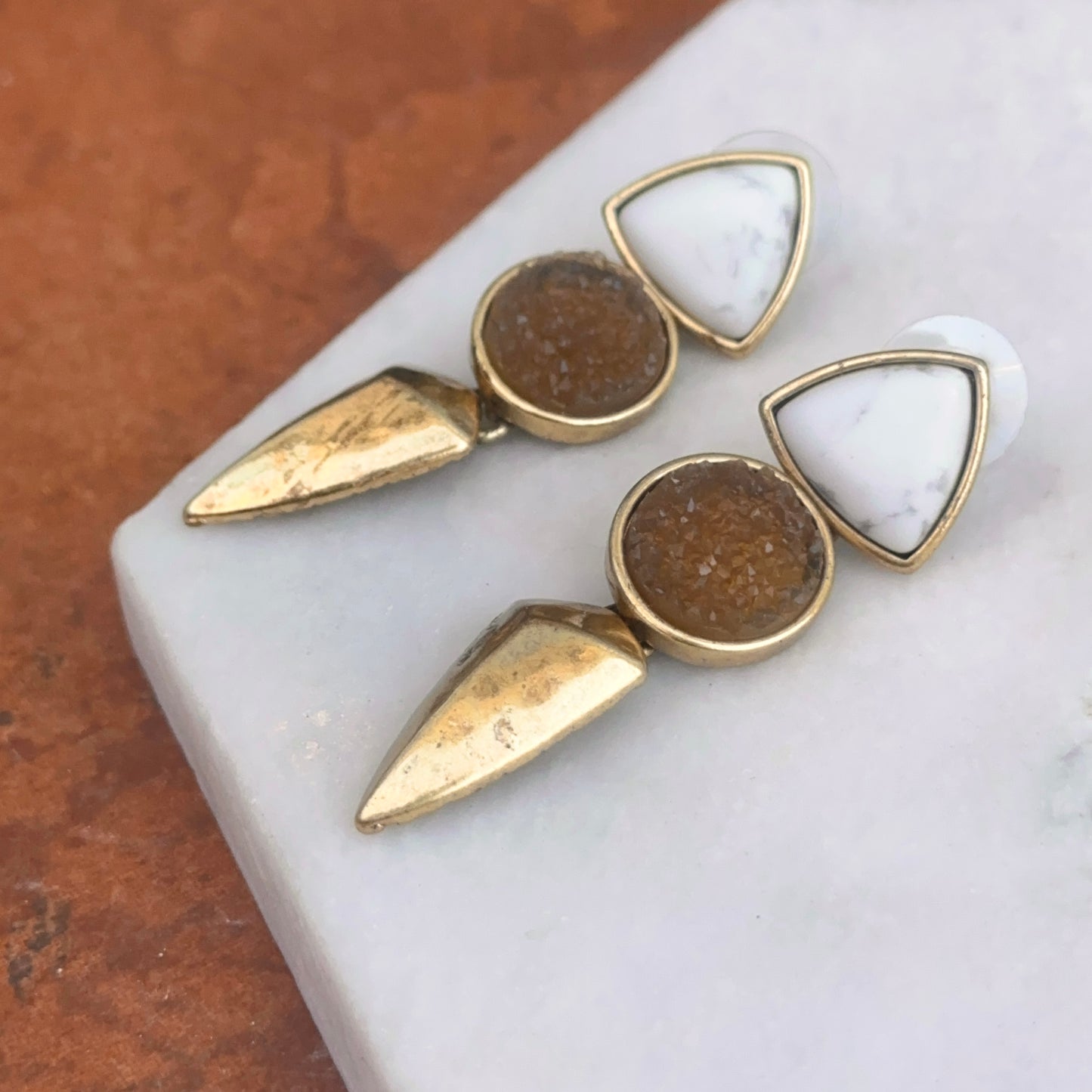 Estate Gold-Tone White Marble + Geode Dangle Earrings