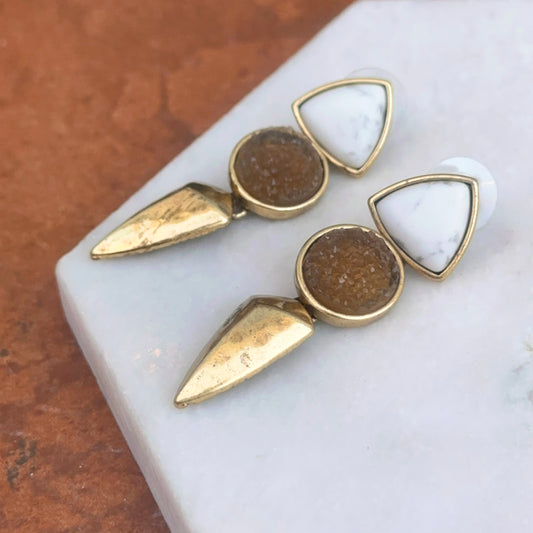 Estate Gold-Tone White Marble + Geode Dangle Earrings