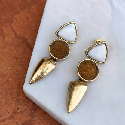 Estate Gold-Tone White Marble + Geode Dangle Earrings