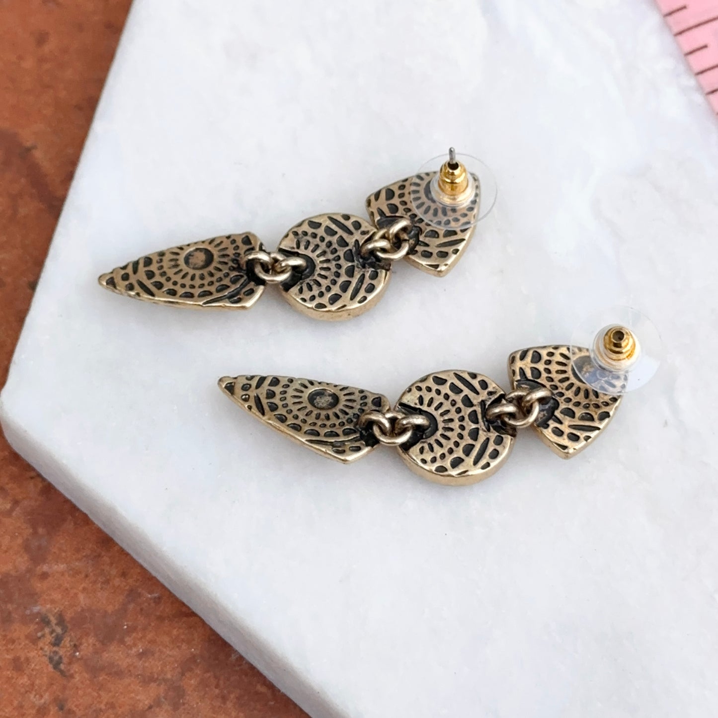 Estate Gold-Tone White Marble + Geode Dangle Earrings