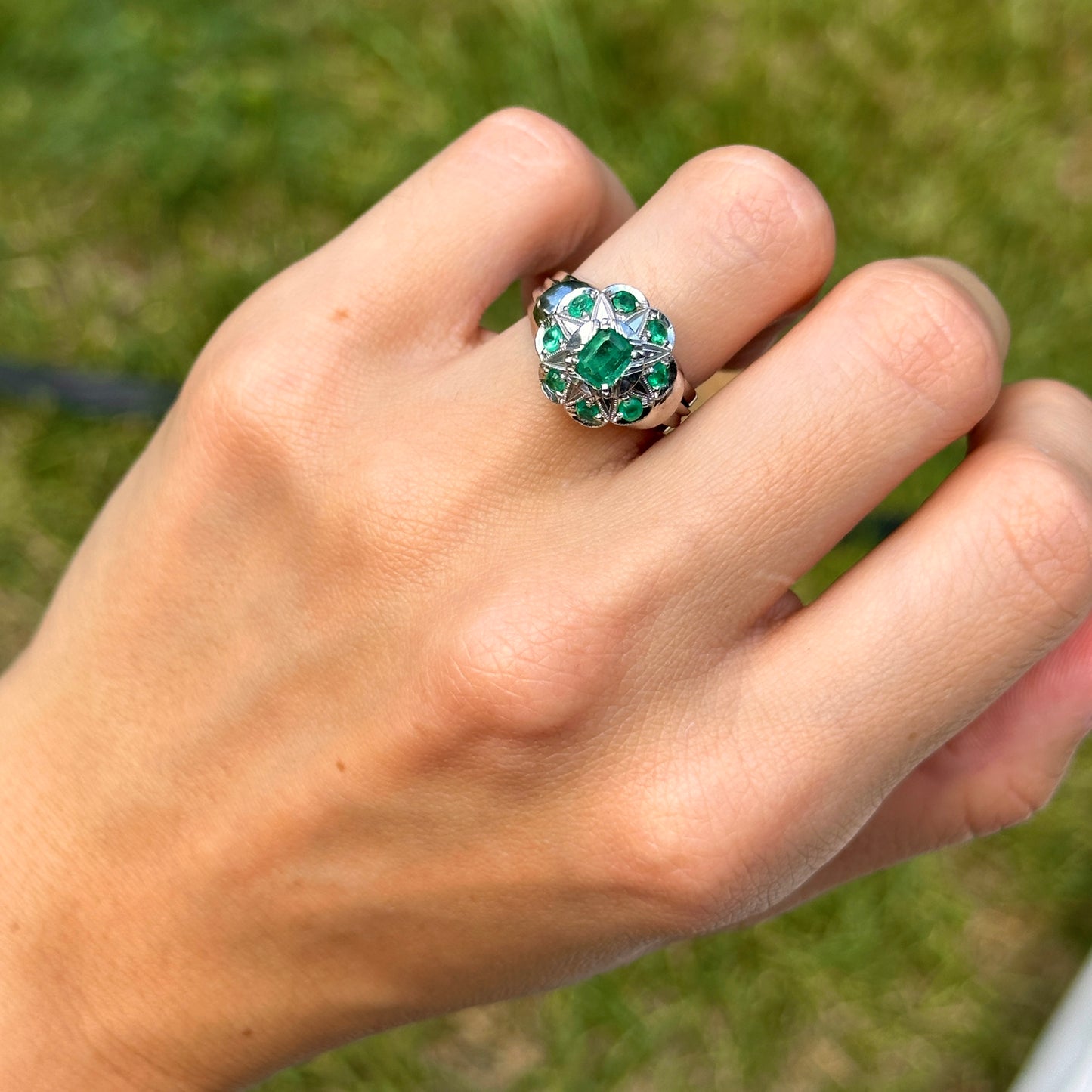 Estate 14KT White Gold Emerald-Cut Emerald Art Deco Ring