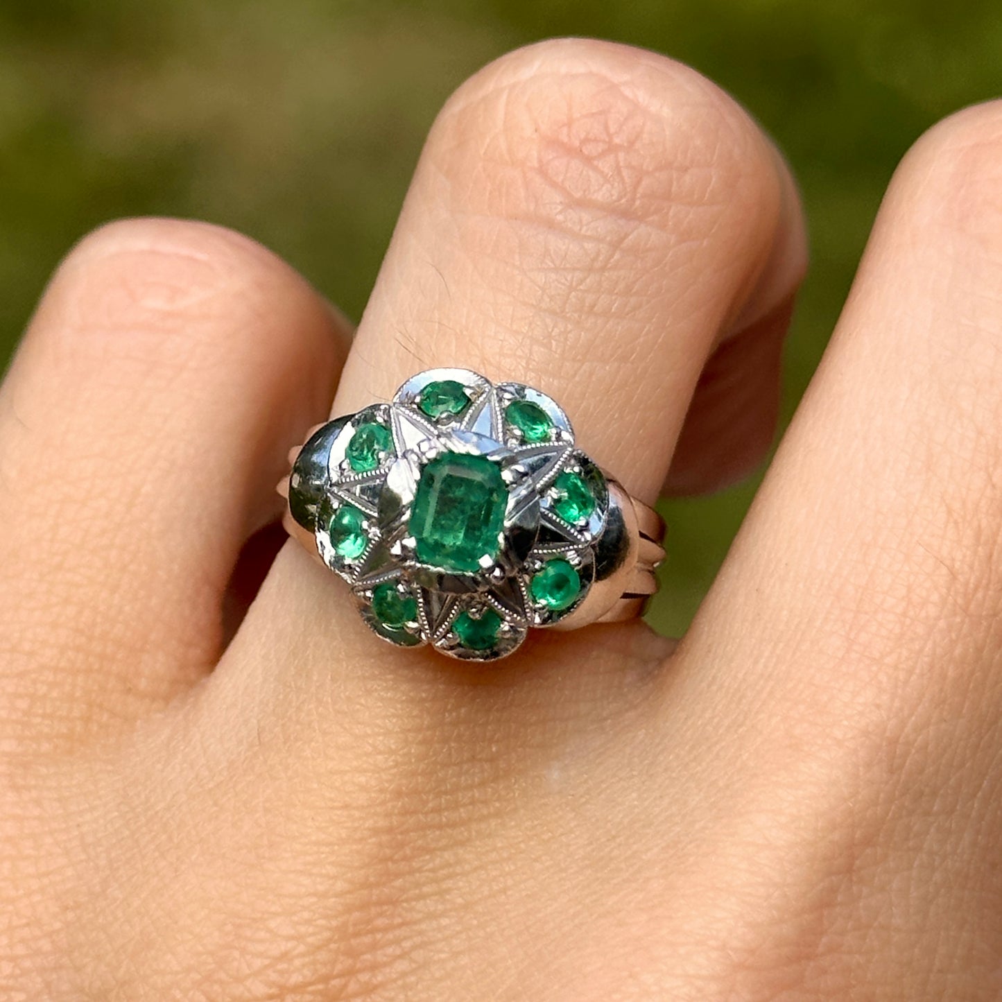 Estate 14KT White Gold Emerald-Cut Emerald Art Deco Ring