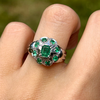 Estate 14KT White Gold Emerald-Cut Emerald Art Deco Ring