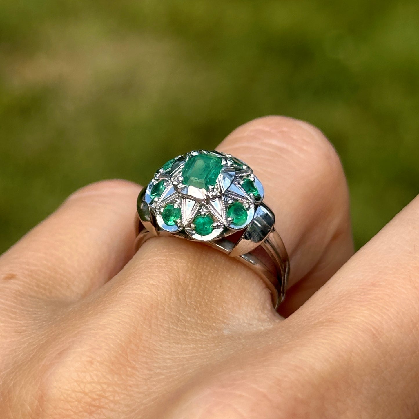 Estate 14KT White Gold Emerald-Cut Emerald Art Deco Ring