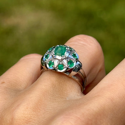 Estate 14KT White Gold Emerald-Cut Emerald Art Deco Ring