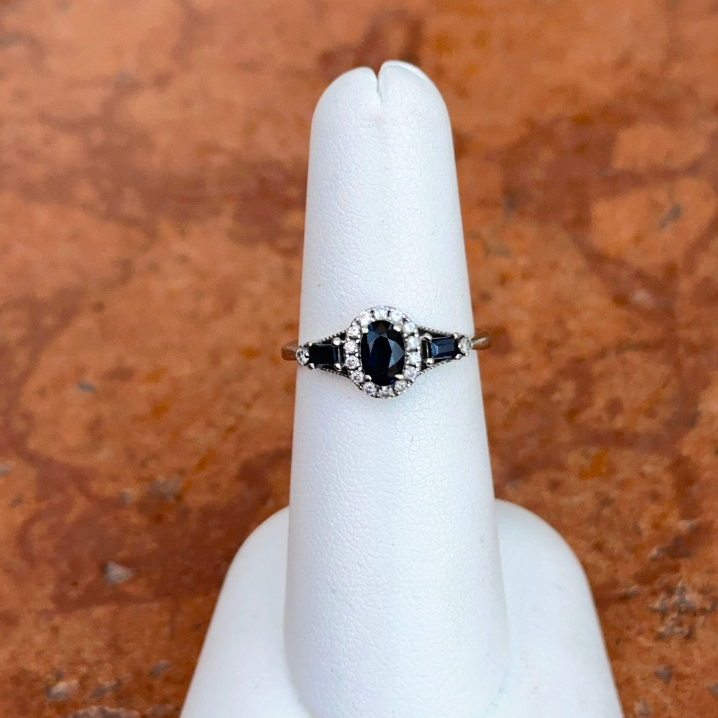 Estate 10KT White Gold Oval Blue Sapphire + Diamond Accent Ring
