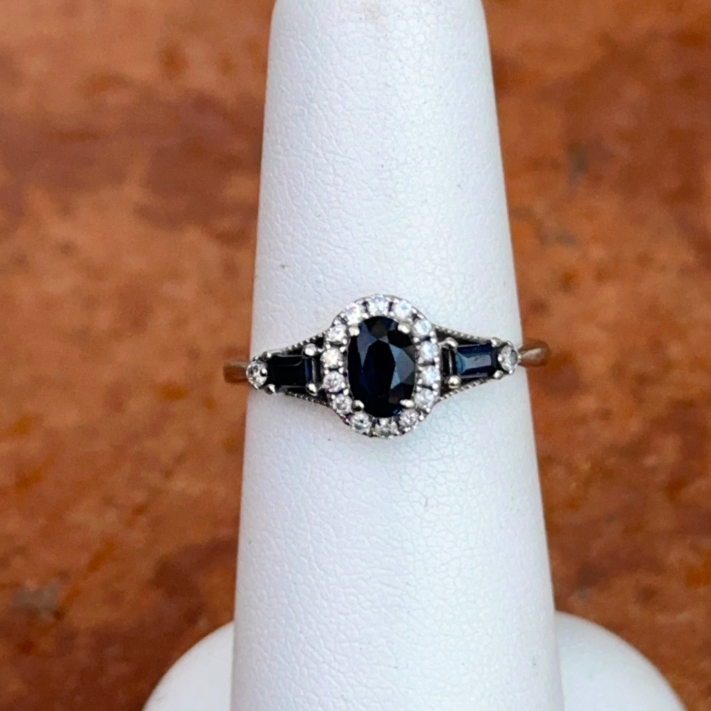 Estate 10KT White Gold Oval Blue Sapphire + Diamond Accent Ring