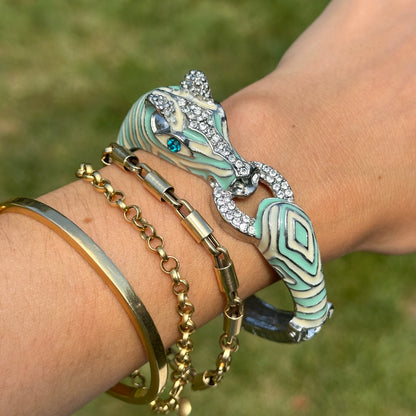 Estate Silver-Tone Blue + White Enamel CZ Horse Head Bangle Bracelet