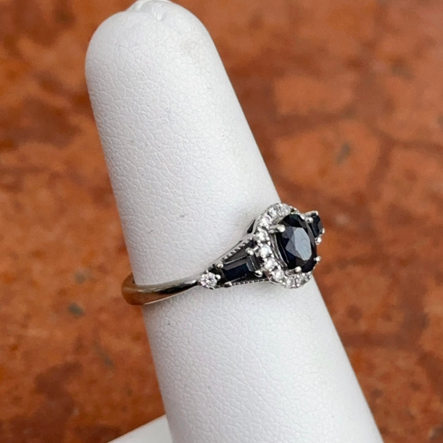 Estate 10KT White Gold Oval Blue Sapphire + Diamond Accent Ring