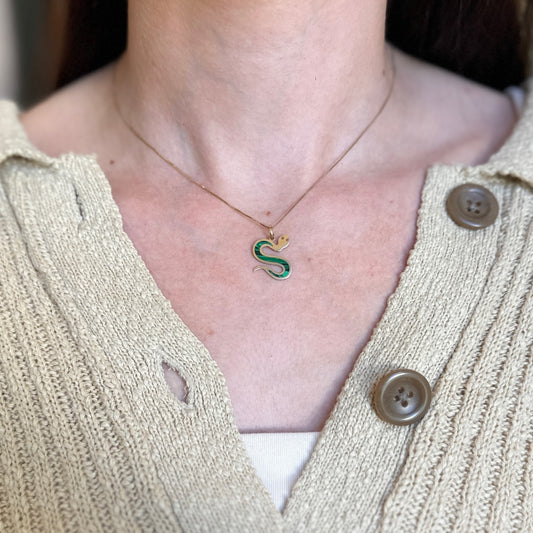 14KT Yellow Gold Malachite Slinking Snake Pendant Charm