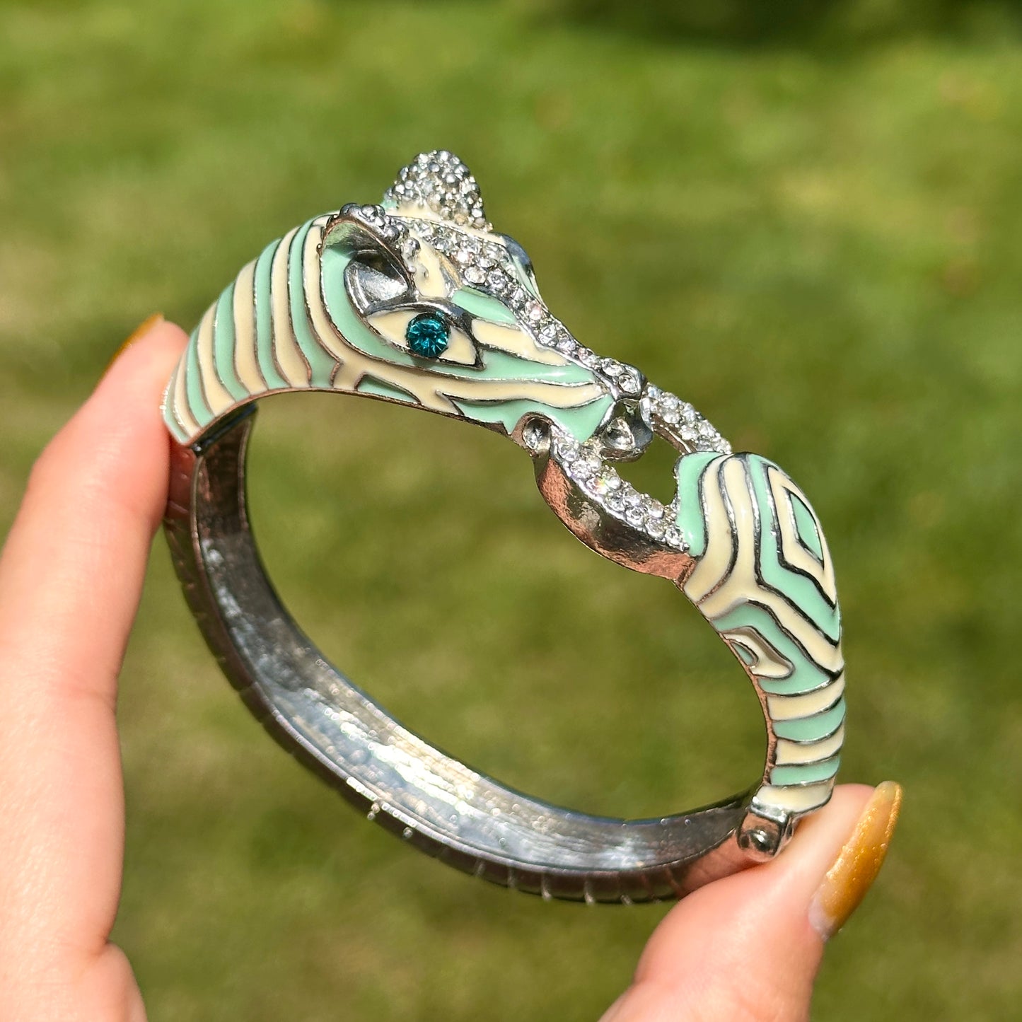 Estate Silver-Tone Blue + White Enamel CZ Horse Head Bangle Bracelet