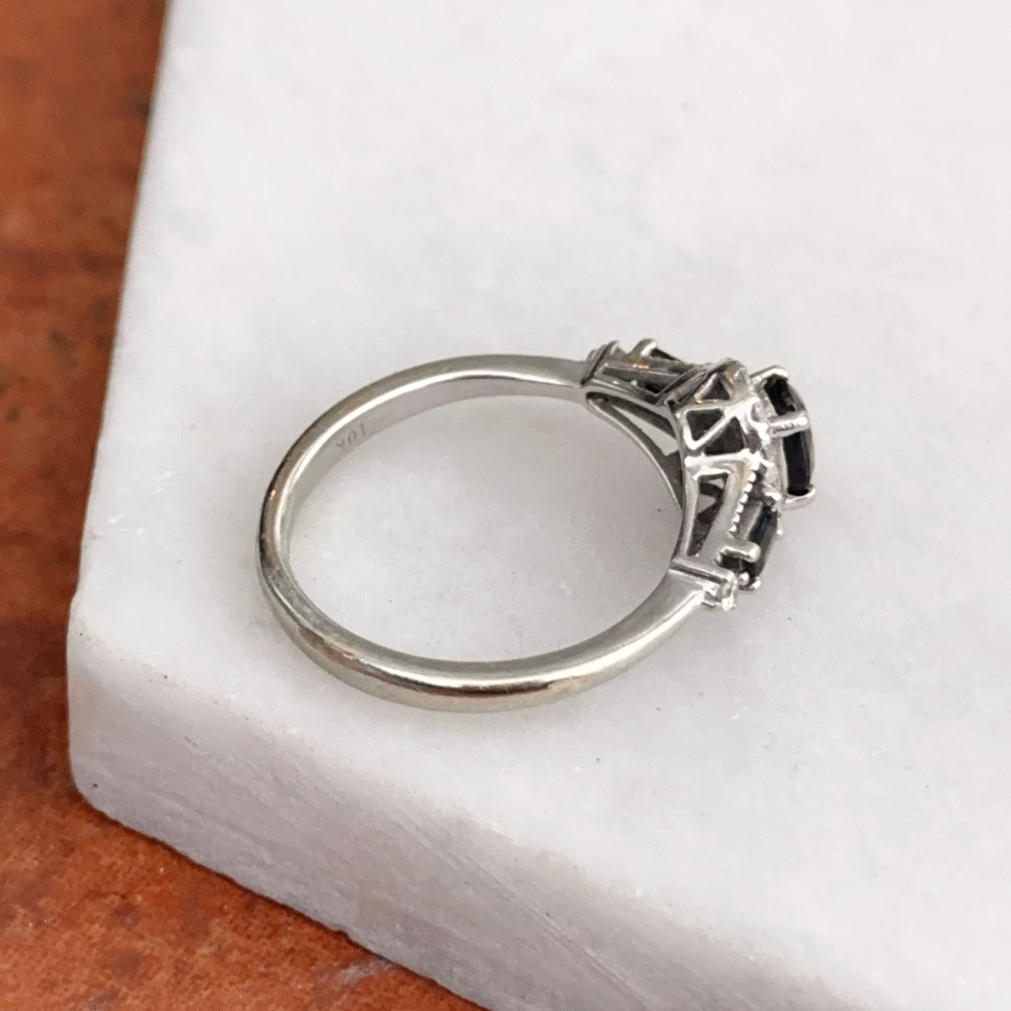 Estate 10KT White Gold Oval Blue Sapphire + Diamond Accent Ring
