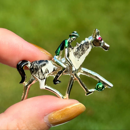 Estate Silver-Tone Horse + Jockey Painted Pin Brooch