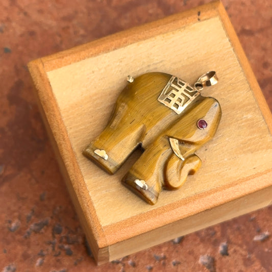 Estate 14KT Yellow Gold Carved Tiger’s Eye Elephant + Red Stone Eye Pendant
