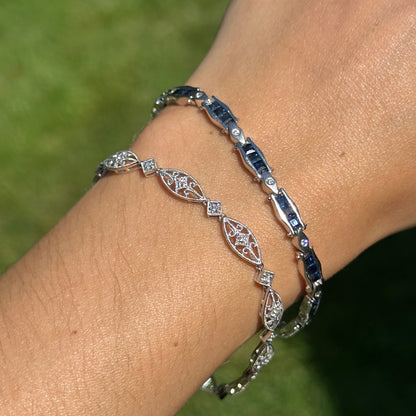 Estate 14KT White Gold Square Blue Sapphire + Diamond Tennis Bracelet
