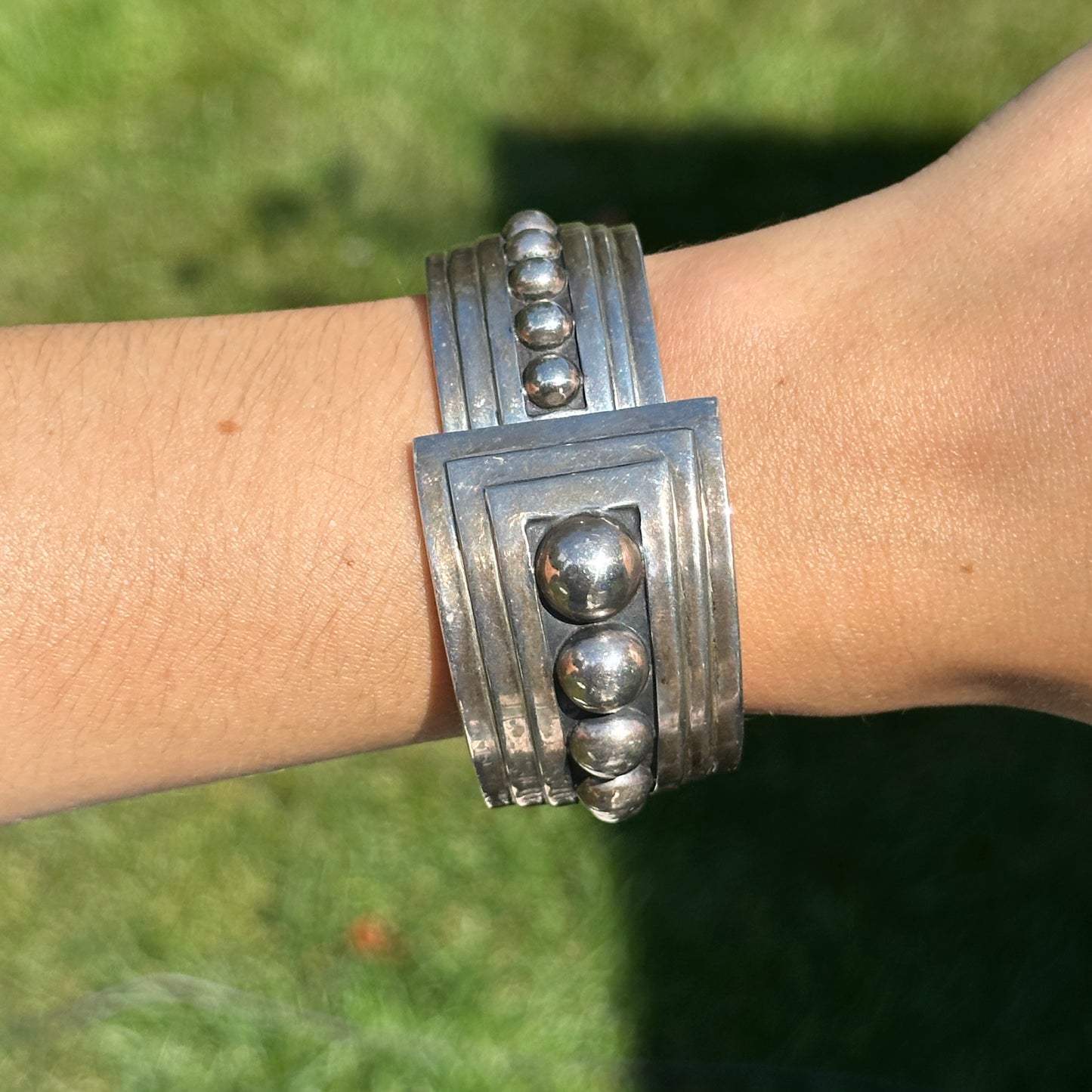 Estate Sterling Silver Beaded Hinged Cuff Bangle Bracelet