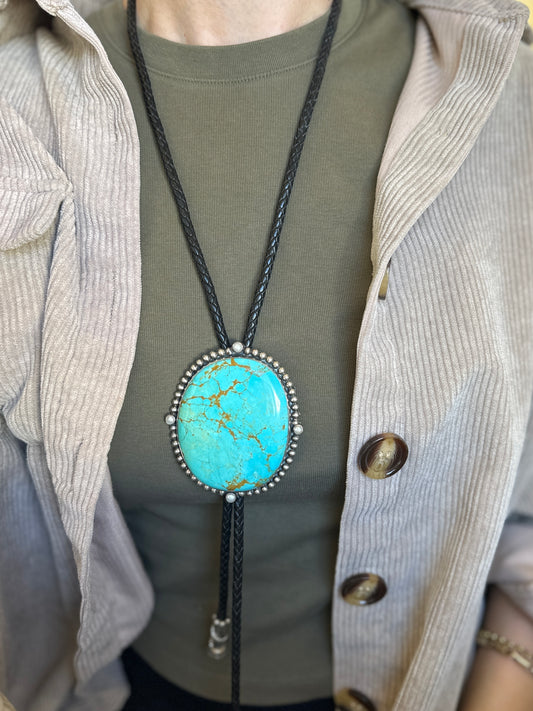 Estate Sterling Silver Large Kingman Turquoise + Pearl Black Leather Bolo Tie Necklace