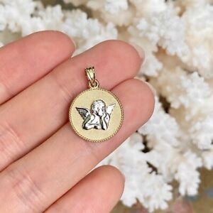 Two Tone 10KT Yellow Gold Baby Angel Circle Pendant