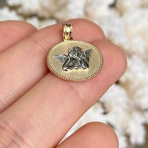 Two Tone 10KT Yellow Gold Baby Angel Circle Pendant