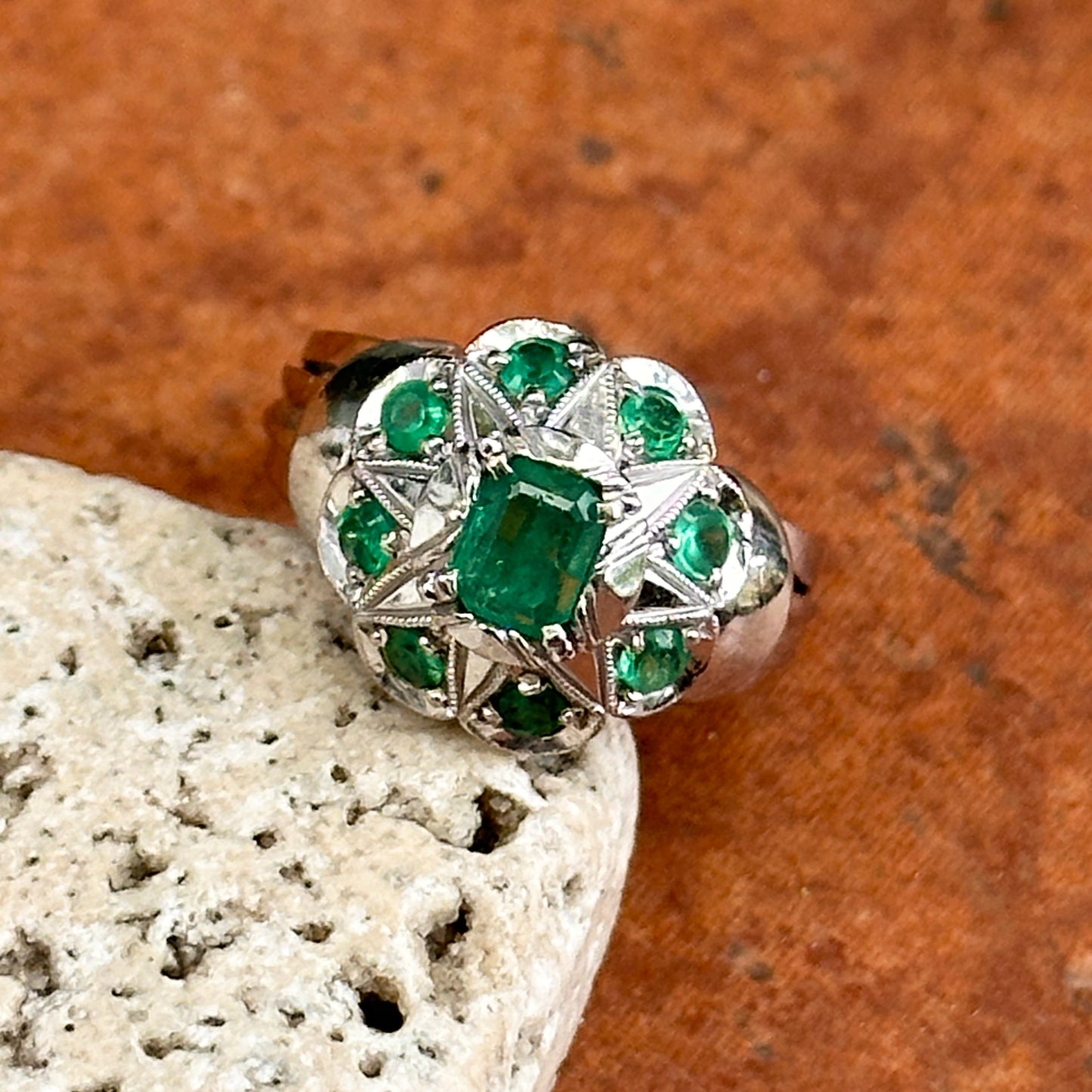 Estate 14KT White Gold Emerald-Cut Emerald Art Deco Ring