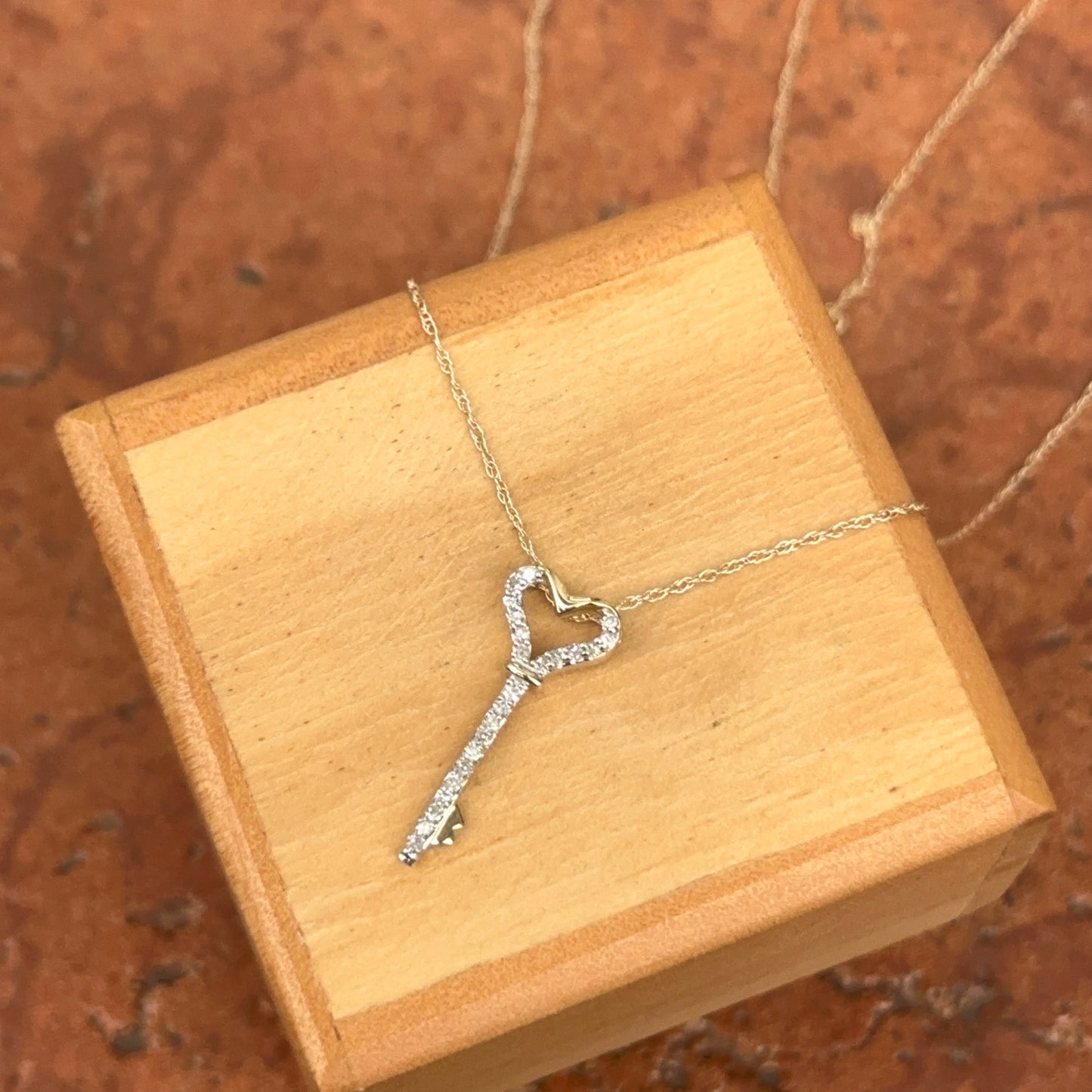 10KT Yellow Gold Pave Diamond Heart Key Necklace