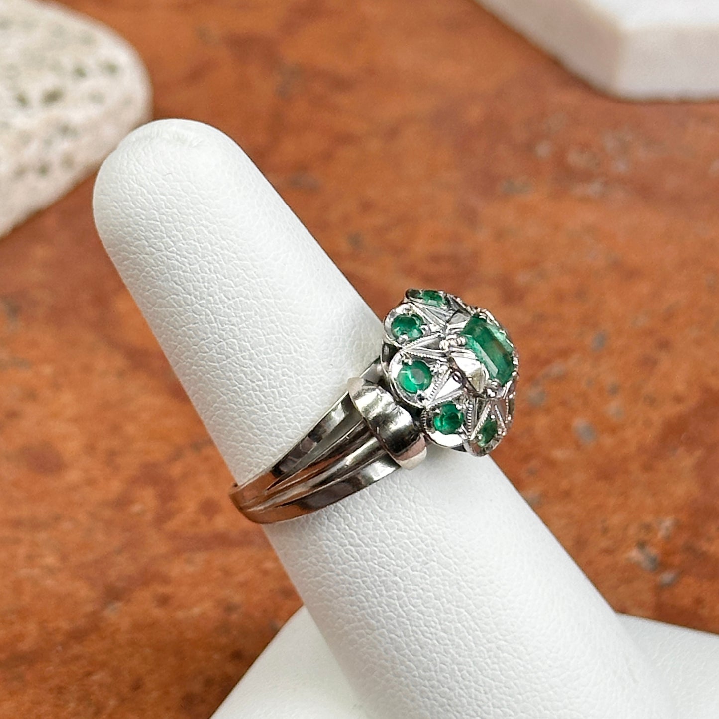Estate 14KT White Gold Emerald-Cut Emerald Art Deco Ring