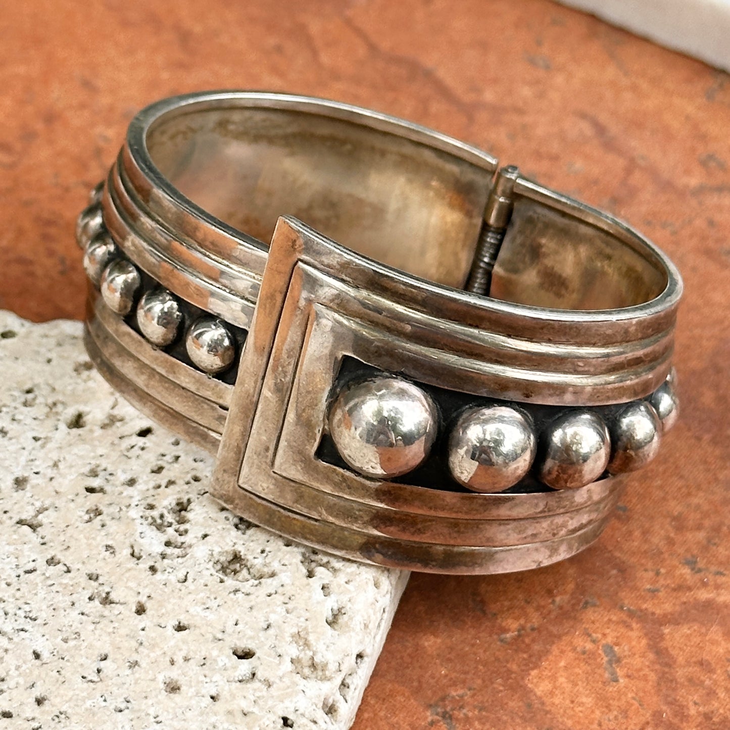 Estate Sterling Silver Beaded Hinged Cuff Bangle Bracelet