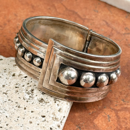 Estate Sterling Silver Beaded Hinged Cuff Bangle Bracelet - LSJ