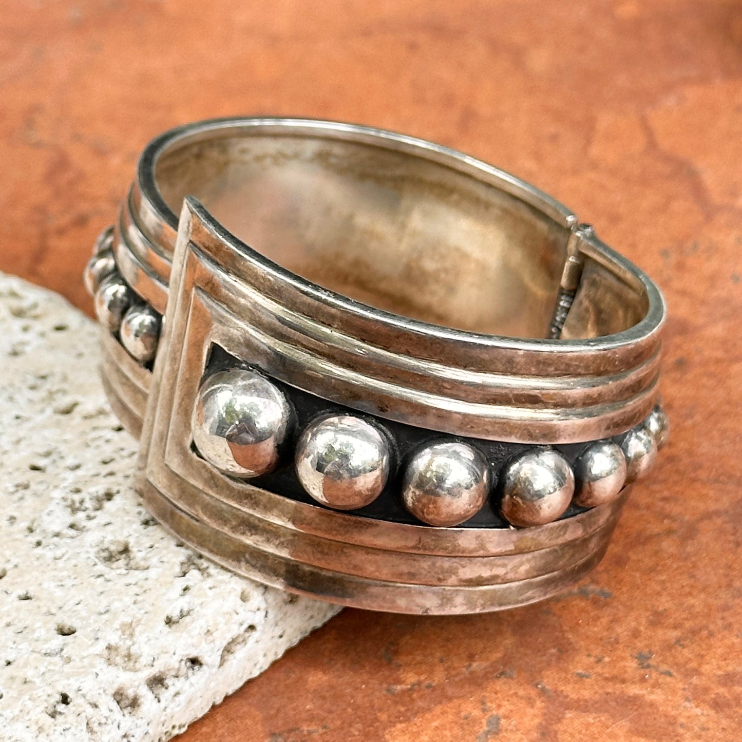 Estate Sterling Silver Beaded Hinged Cuff Bangle Bracelet