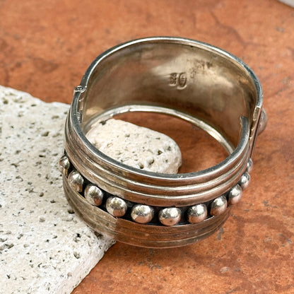 Estate Sterling Silver Beaded Hinged Cuff Bangle Bracelet
