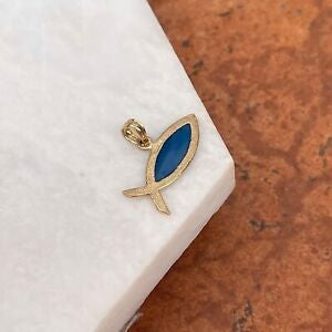 14KT Yellow Gold + Blue Enamel Fish Ichthus Pendant