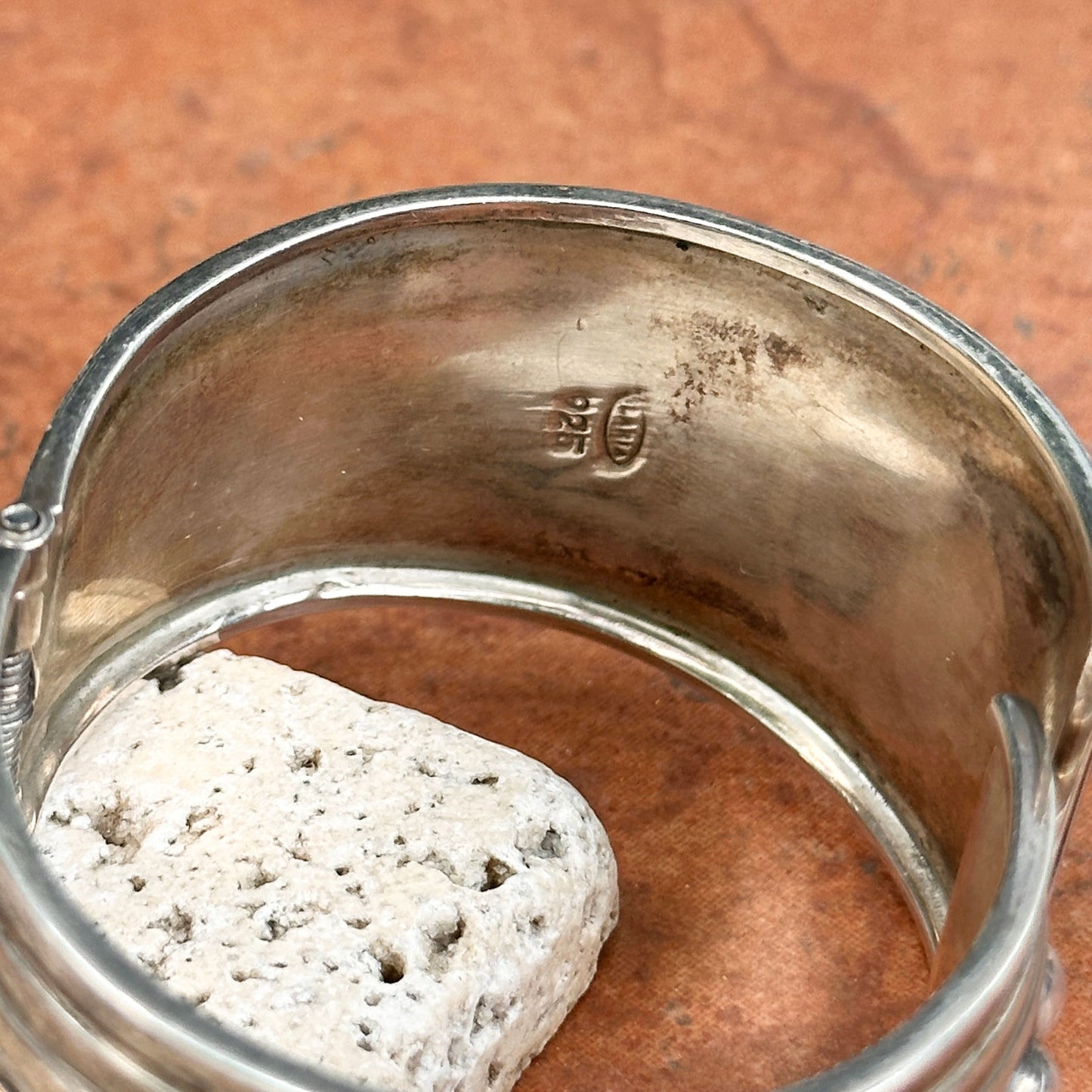 Estate Sterling Silver Beaded Hinged Cuff Bangle Bracelet