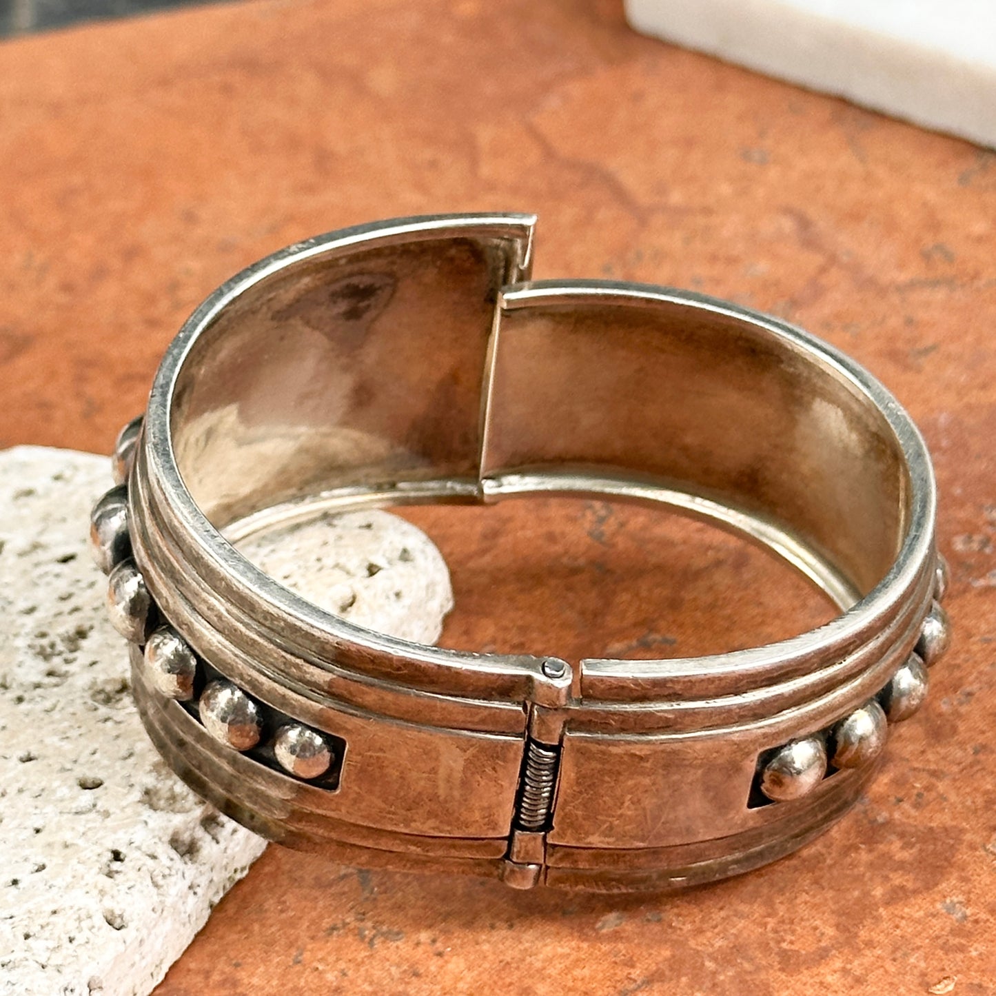 Estate Sterling Silver Beaded Hinged Cuff Bangle Bracelet