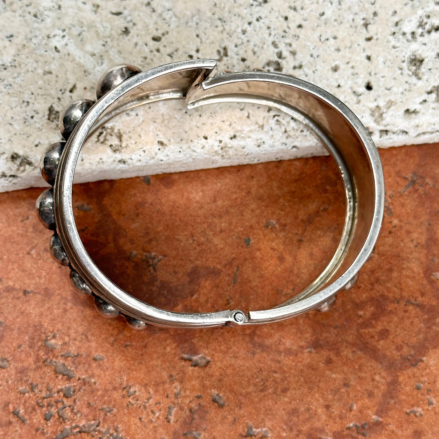 Estate Sterling Silver Beaded Hinged Cuff Bangle Bracelet
