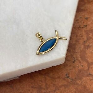 14KT Yellow Gold + Blue Enamel Fish Ichthus Pendant