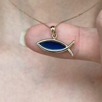 14KT Yellow Gold + Blue Enamel Fish Ichthus Pendant