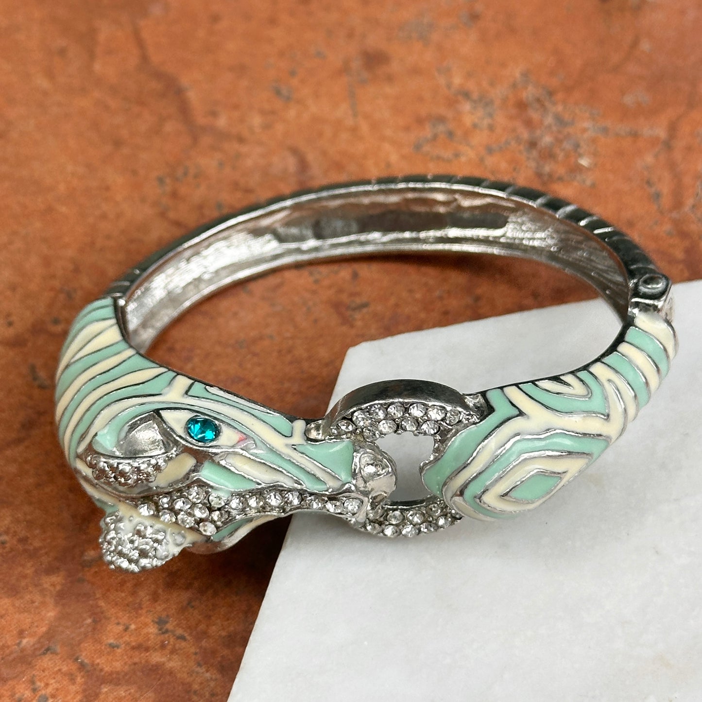 Estate Silver-Tone Blue + White Enamel CZ Horse Head Bangle Bracelet