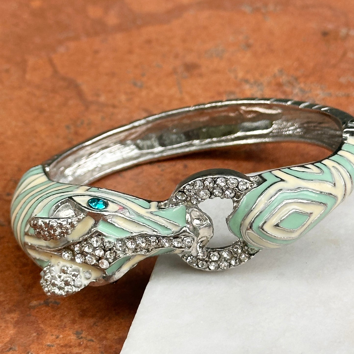 Estate Silver-Tone Blue + White Enamel CZ Horse Head Bangle Bracelet