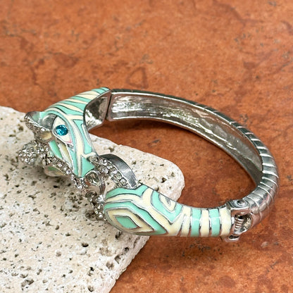 Estate Silver-Tone Blue + White Enamel CZ Horse Head Bangle Bracelet