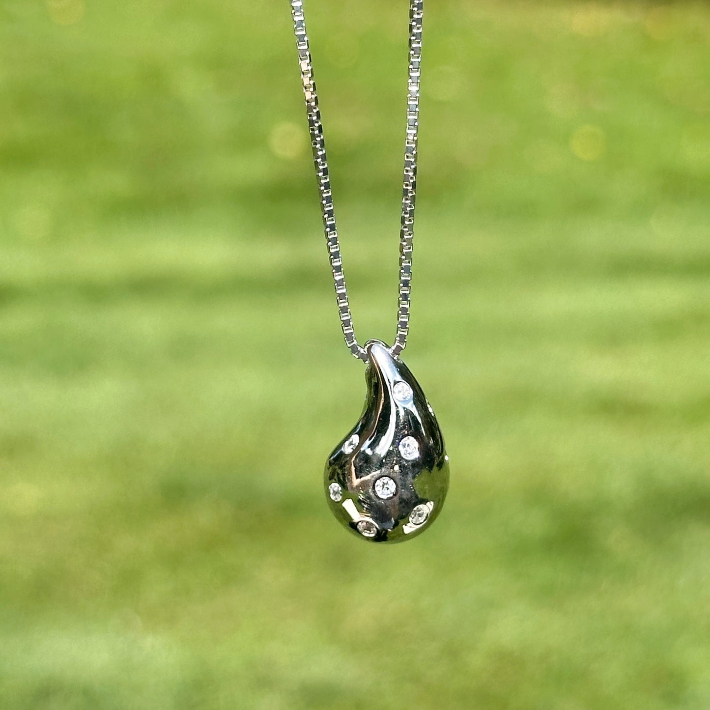 Sterling Silver Tapered Puffed CZ Stone Teardrop Pendant Chain Necklace