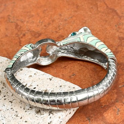 Estate Silver-Tone Blue + White Enamel CZ Horse Head Bangle Bracelet