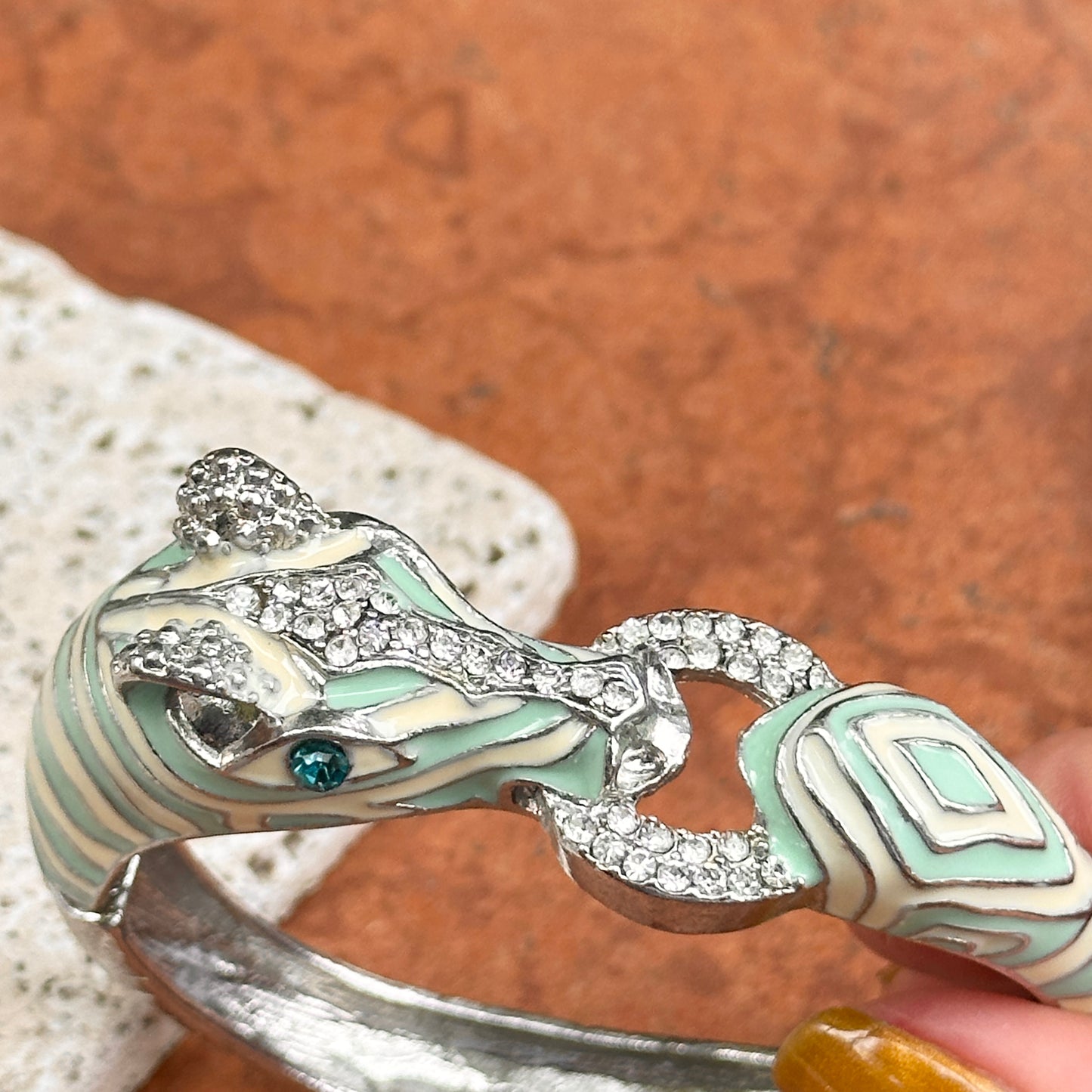 Estate Silver-Tone Blue + White Enamel CZ Horse Head Bangle Bracelet