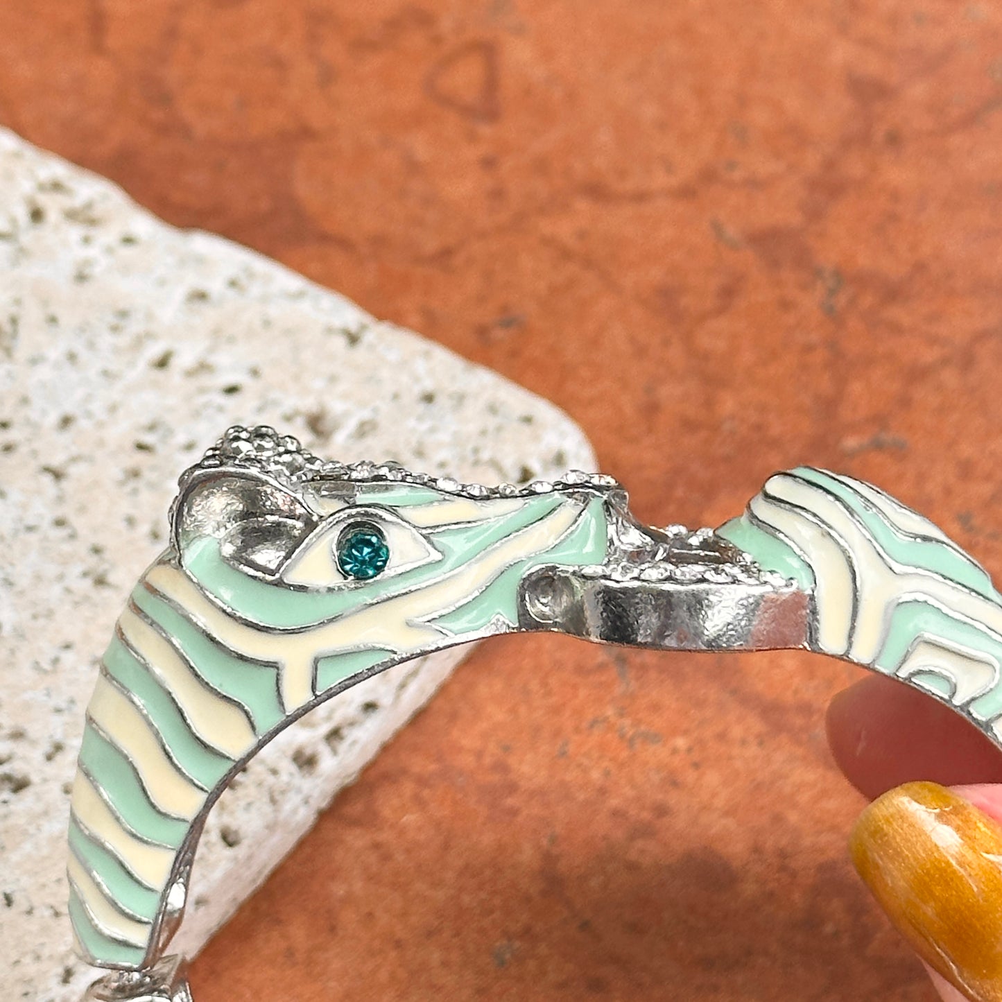 Estate Silver-Tone Blue + White Enamel CZ Horse Head Bangle Bracelet