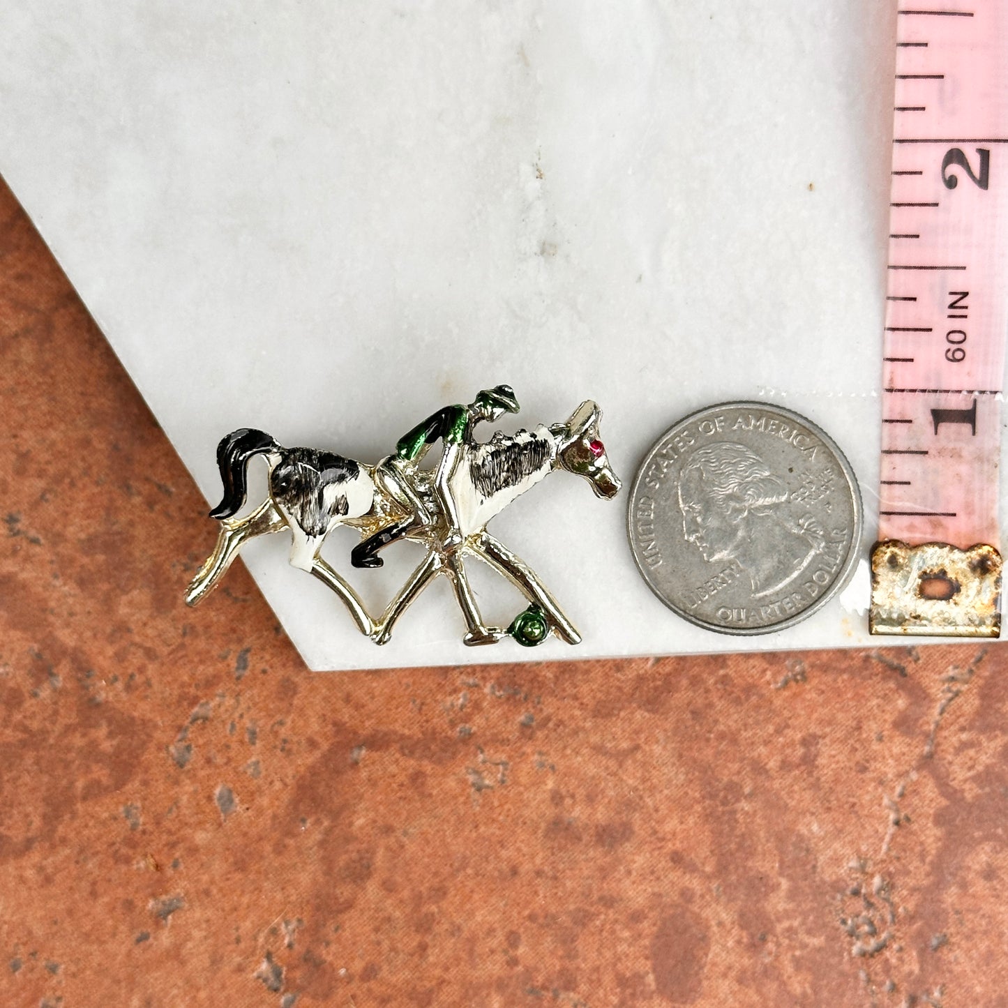 Estate Silver-Tone Horse + Jockey Painted Pin Brooch