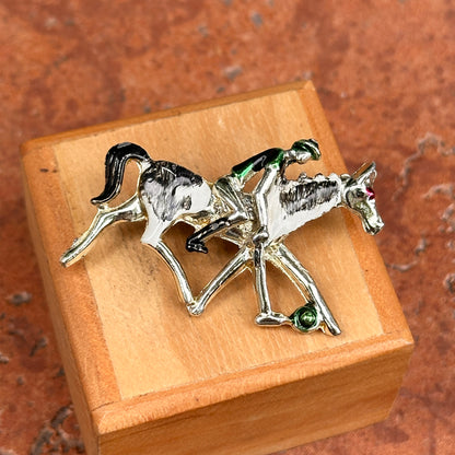 Estate Silver-Tone Horse + Jockey Painted Pin Brooch
